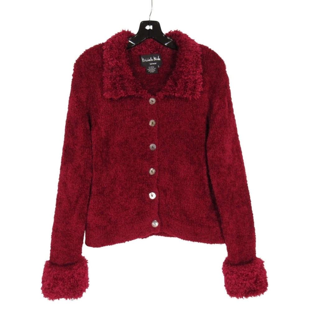 Y2K MICHELLE NICOLE Red SOFT FUZZY Button-Up CUFFS Midweight SWEATER CARDIGAN L